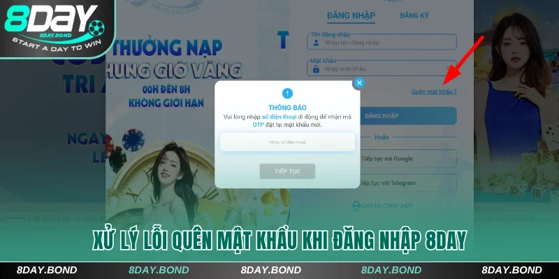 Chọn quên mật khẩu để lấy lại mật khẩu tài khoản 8Day