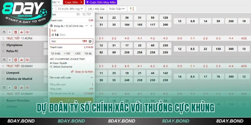 Dự đoán tỷ số chính xác với thưởng cực khủng tại 8Day