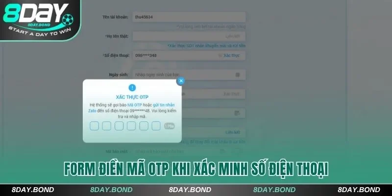 Form điền mã OTP khi xác minh số điện thoại khi đăng ký 8Day