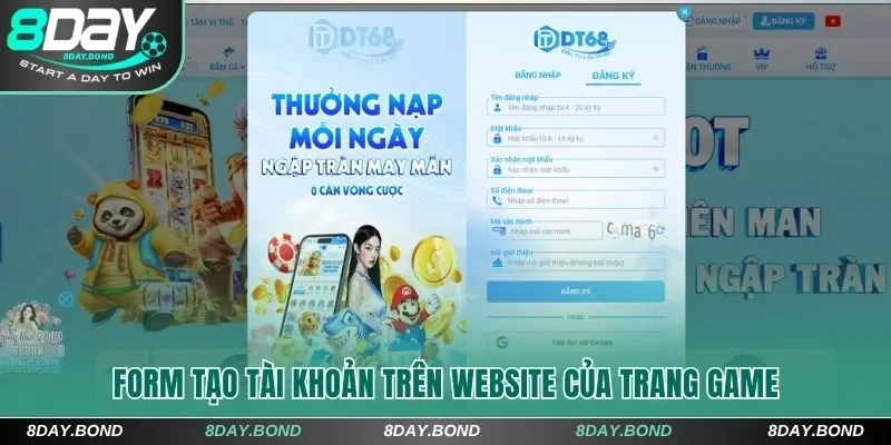 Form tạo tài khoản trên website của trang game 8Day