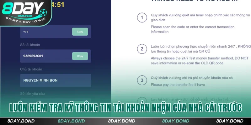 Luôn kiểm tra kỹ thông tin tài khoản nhận tiền của 8Day trước