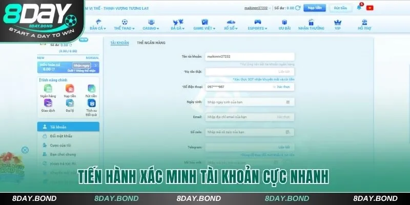 Tiến hành xác minh tài khoản 8Day cực nhanh 